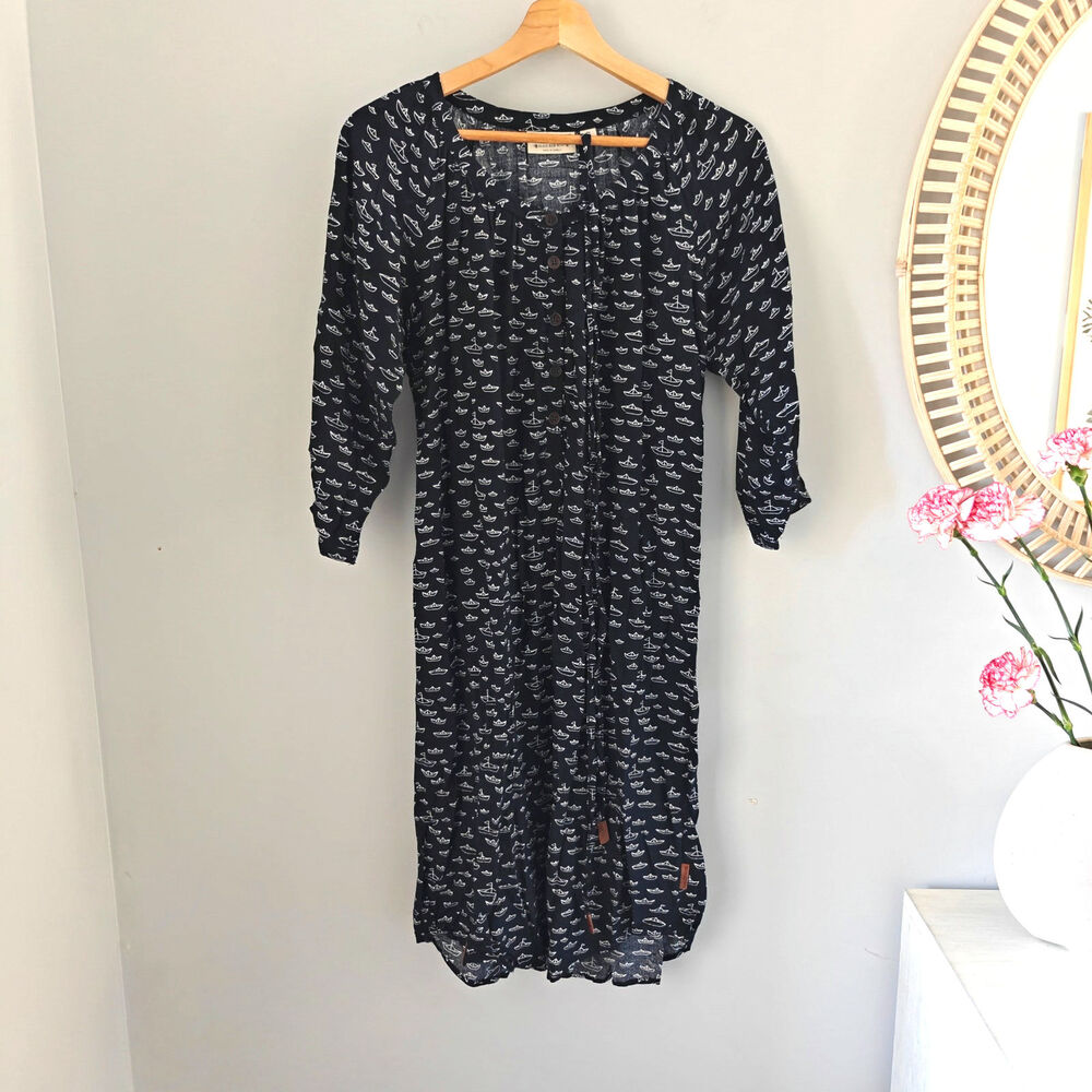 NAKETANO 3/4 Sleeve Boat Print Midi Dress, Navy, Button Front, Tie Waist, S
